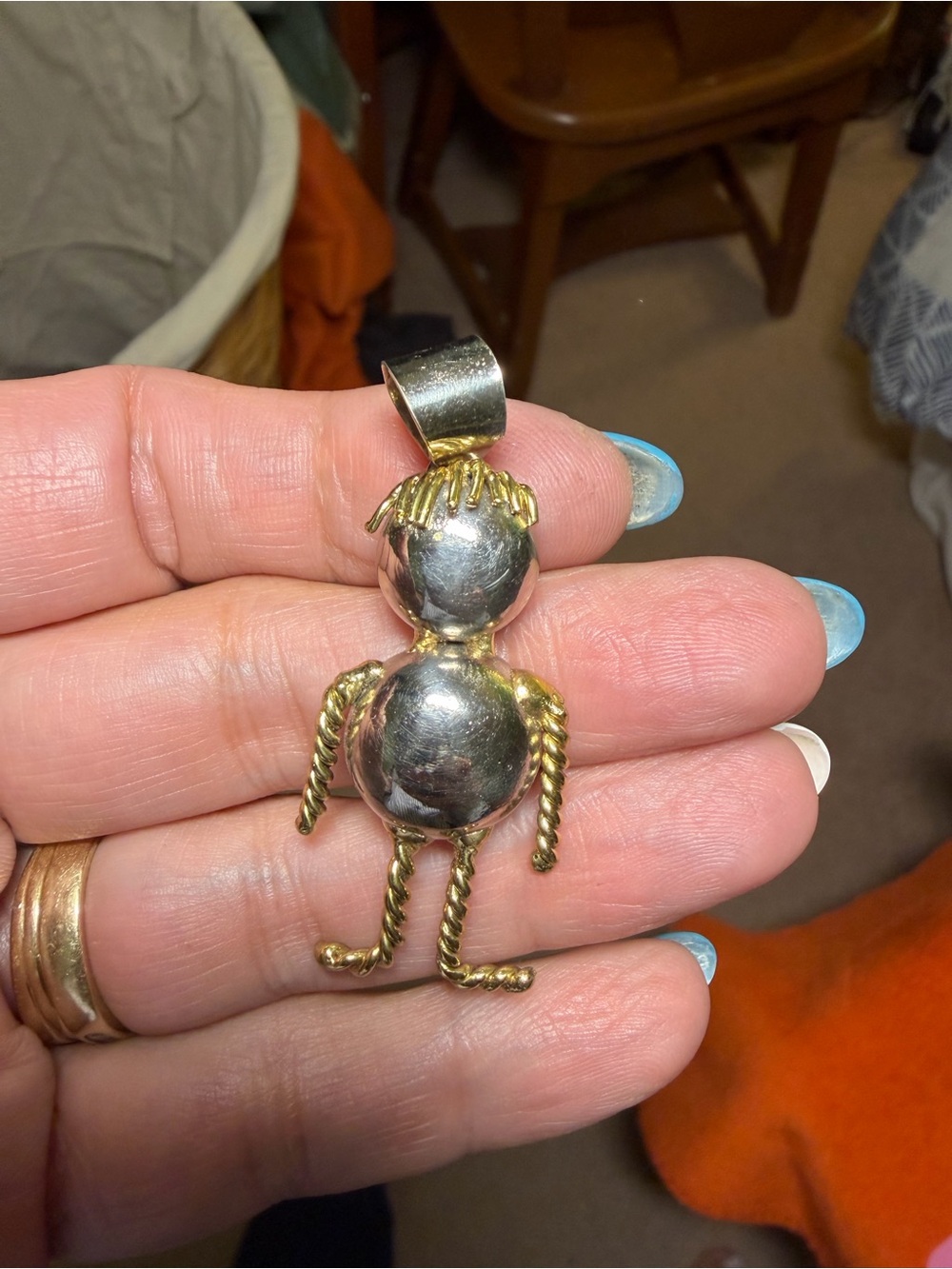Vintage Figural Person Doll Pendant Gold/Slvr Tone Mixed Metal Artisan Jewelry
